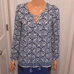 Max Studio Navy, Light Blue, and White Paisley Design Long-Sleeve Blouse